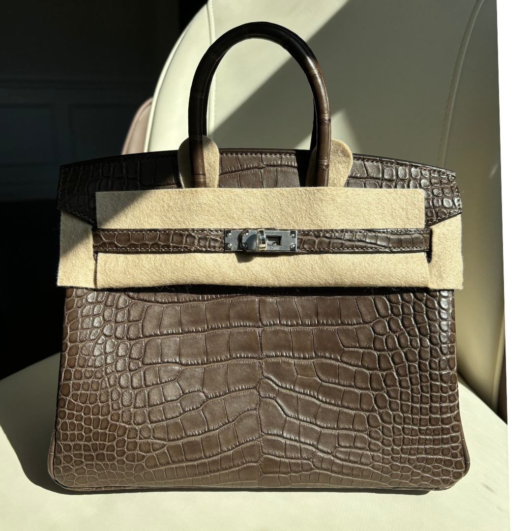 Birkin 25 cm alligator gris elephant phw