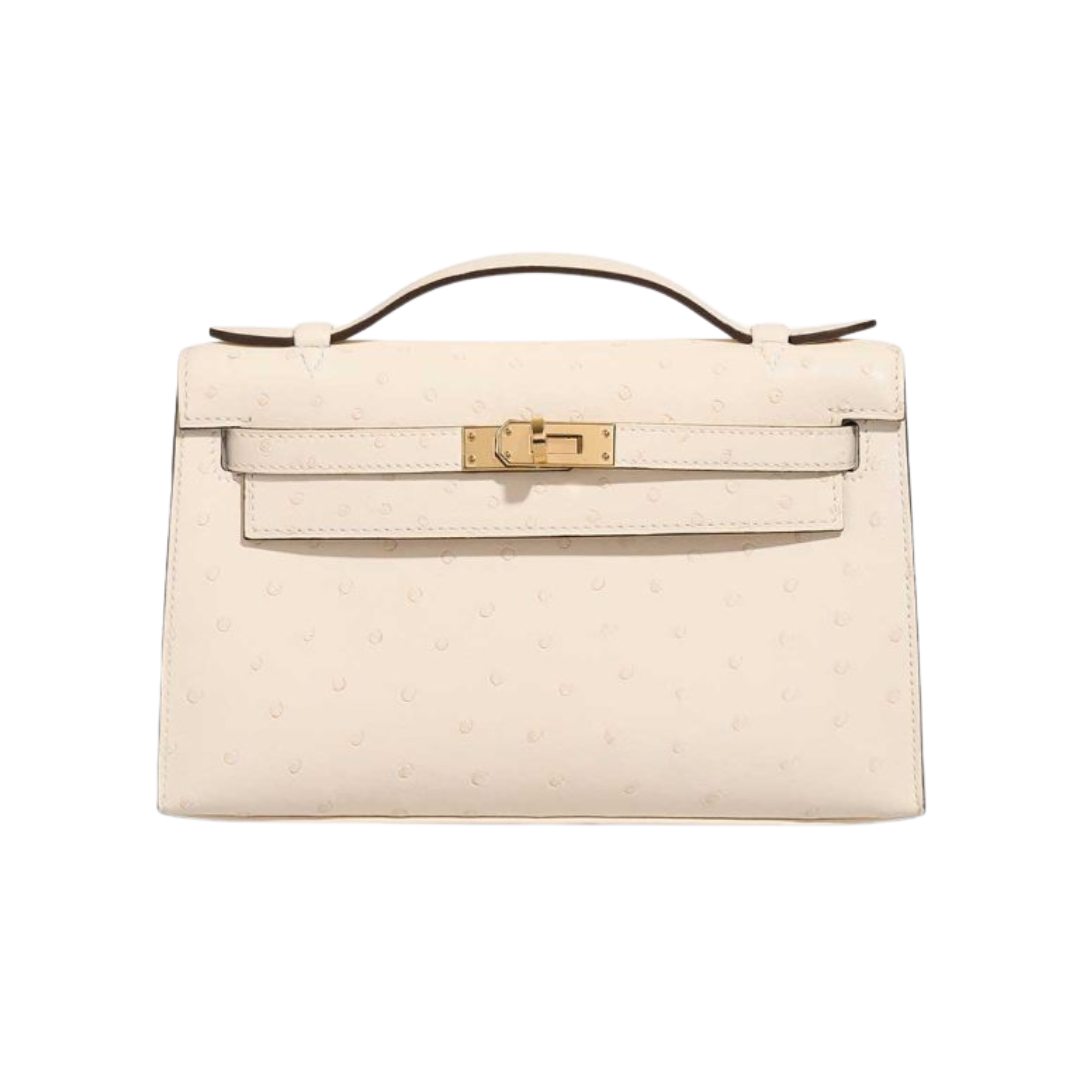 Kelly pochette ostrich nata boreal ghw