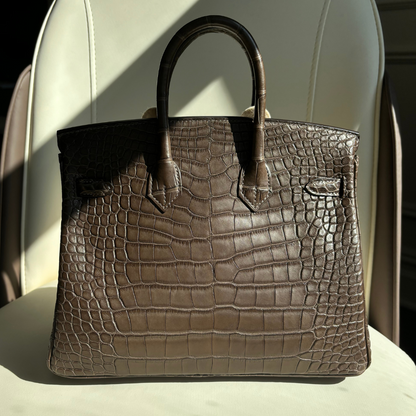 Birkin 25 cm alligator gris elephant phw