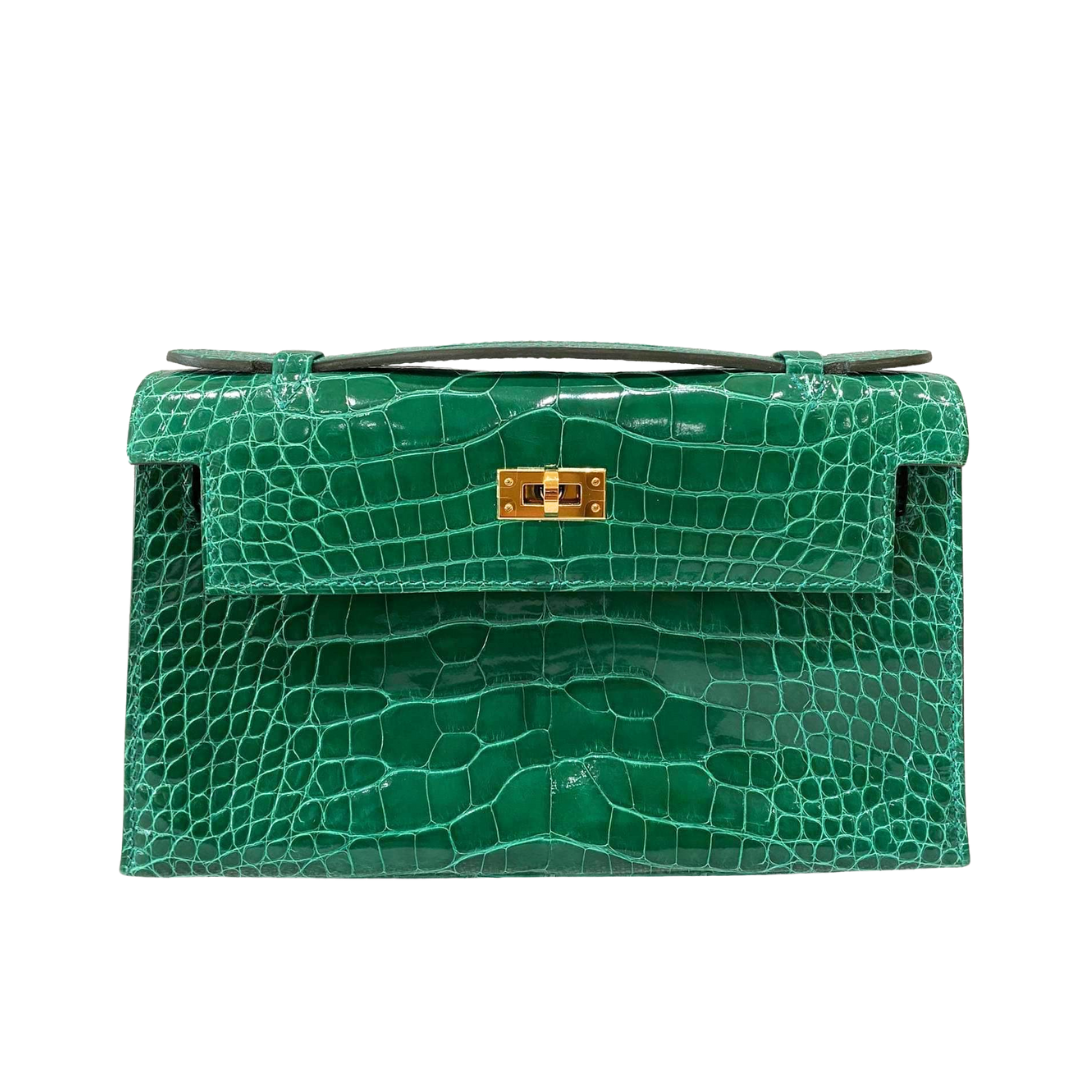 Kelly pochette emerald ghw lisse alligator