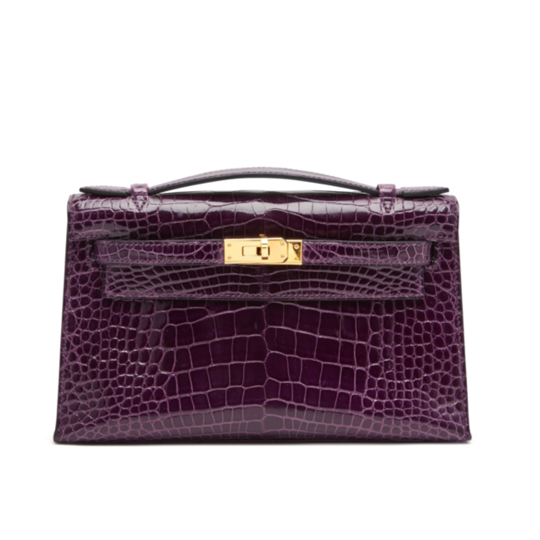 Kelly pochette amethyst lisse alligator ghw