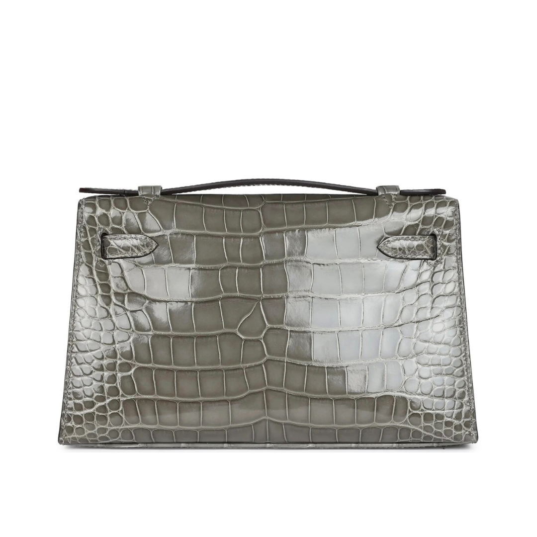 Kelly pochette gris ciment phw lisse alligator