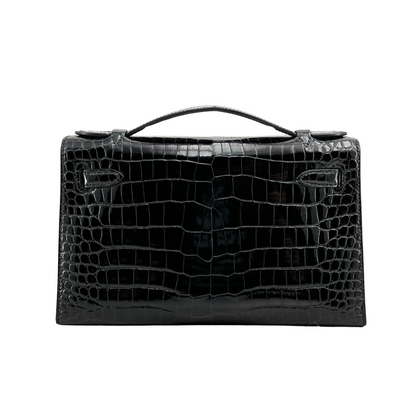 Kelly pochette black porosus lisse ghw
