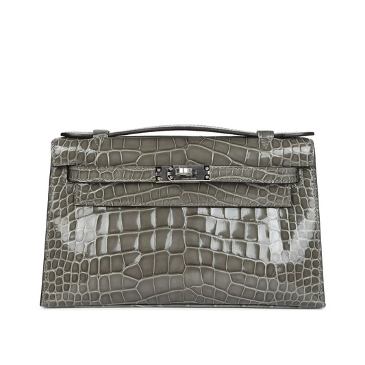 Kelly pochette gris ciment phw lisse alligator